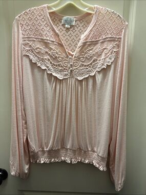 Jun & Ivy Pale Pink Lace Yoke Long Sleeve Sleep Top